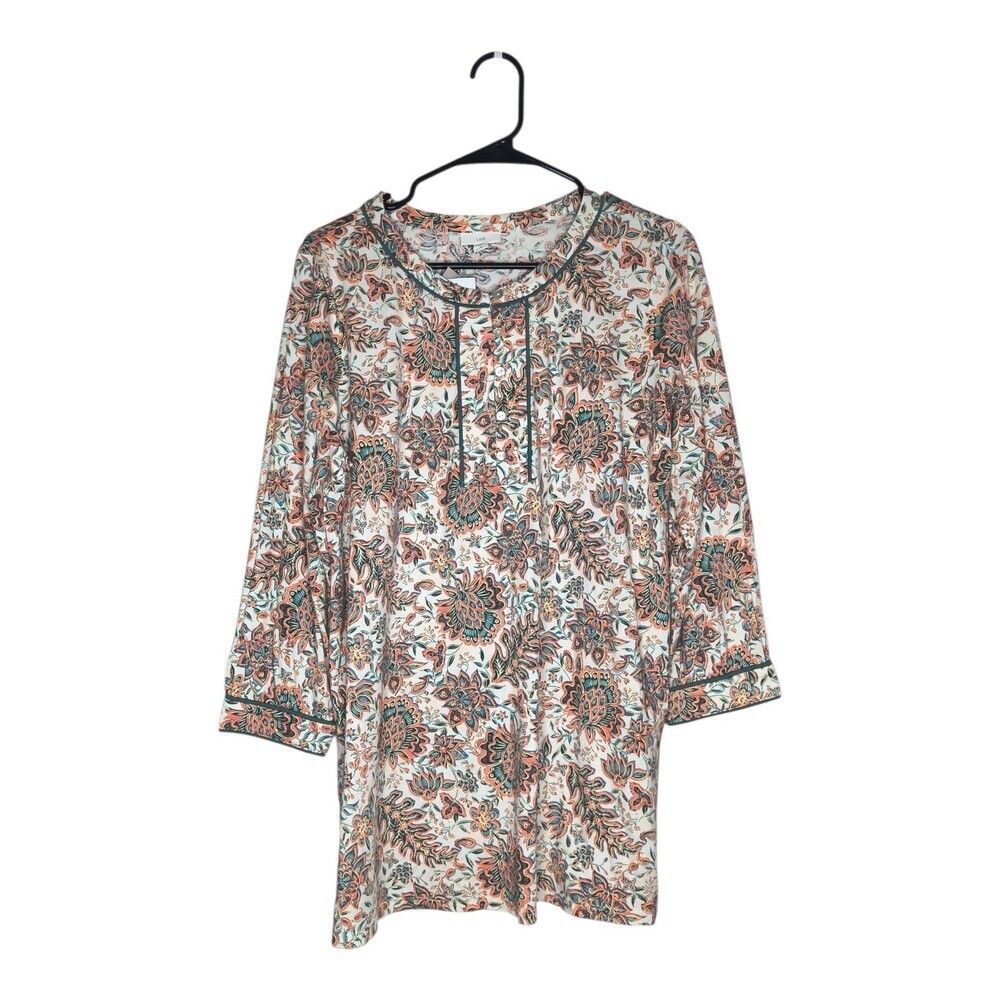 J Jill Floral Cotton Blend 3/4 Sleeve Green Piped Tunic Medium Blouse